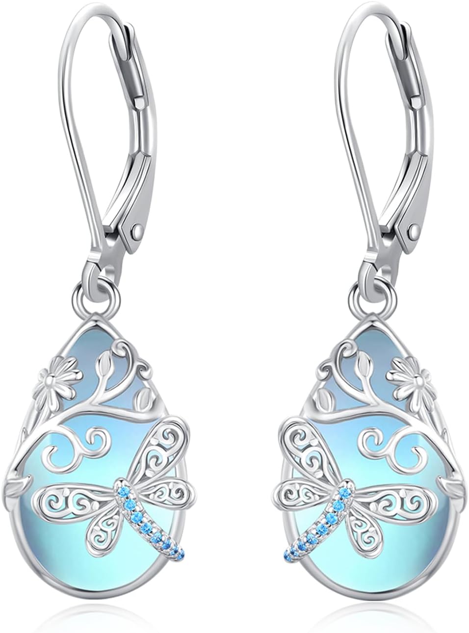 Dragonfly Dangle Earrings 925 Sterling Silver Dragonfly Moonstone Earrings Leverback Jewelry Birthday Gifts for Women