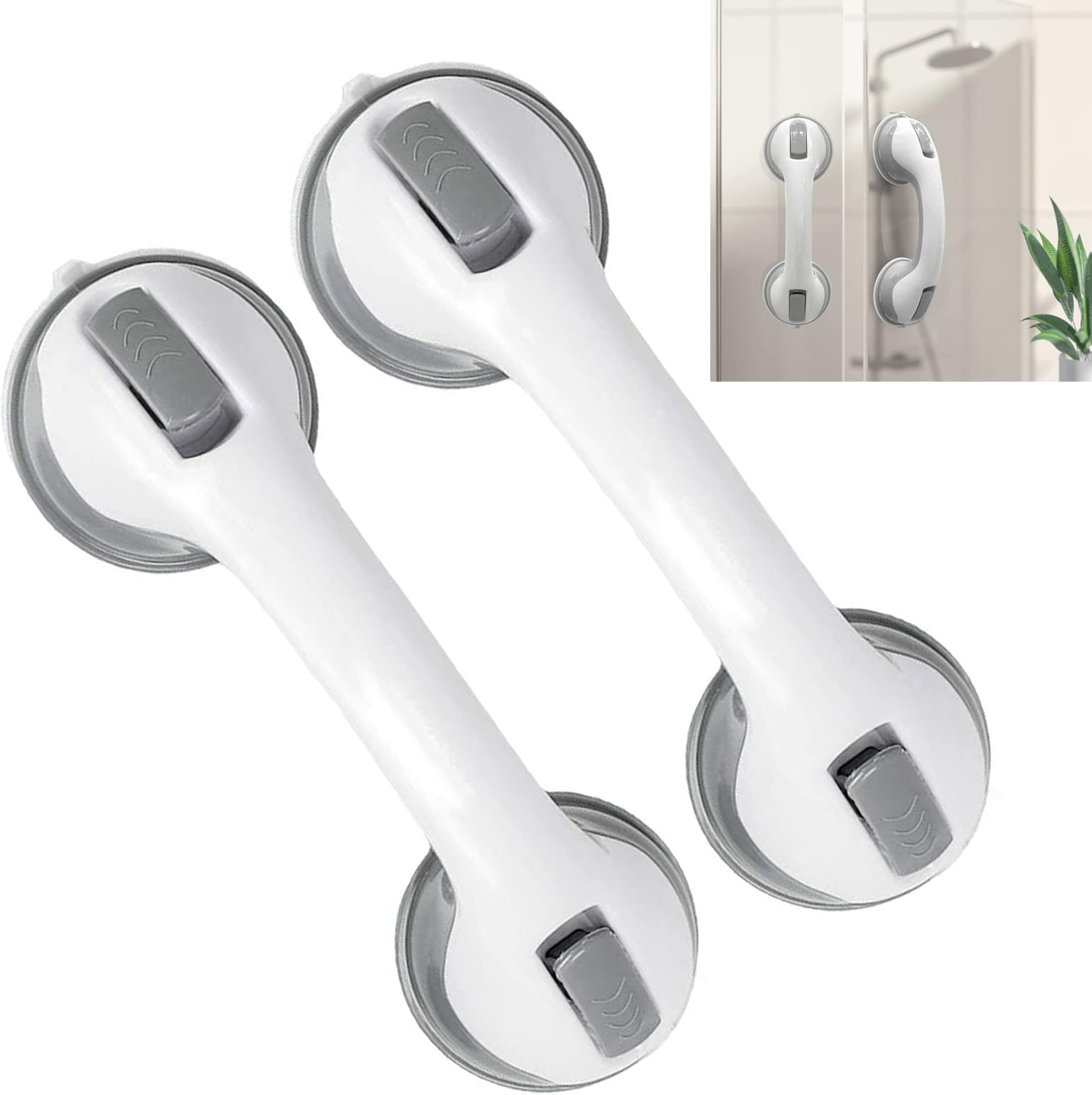 2pc Shower Handle 12 inch Grab Bars for Bathtubs and Showers Suction Grab Bar Bathroom Bathtub Bath Handles Handicap Elderly Seniors Safety Cup Grip Non Slip - ONLY for Tiles Glass & Hard Plastic