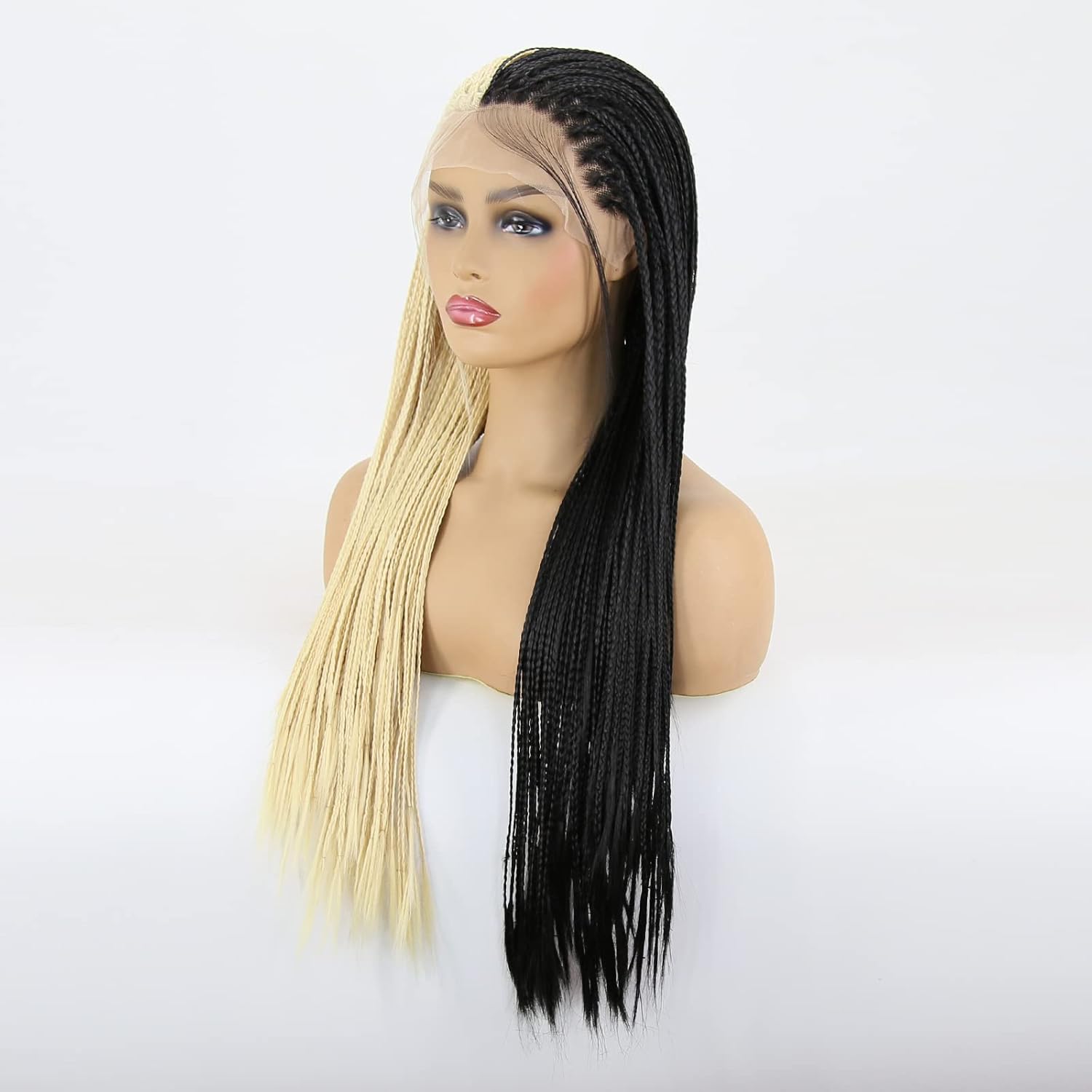 BTWTRY Half Blonde Half Black Braided Synthetic Lace Front Wig for Fashion Women #613 Color and Black Lace Front Micro Braided Box Braids Wig African American Hair (24inch, Half #613 Half Black)