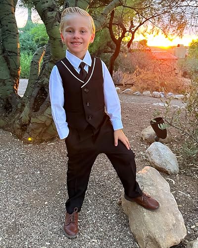 LOLANTA Boys 4-Piece Formal Suit, Wedding Ring Bearer Outfit Vest Suit Pants with White Dress Shirt and Tie for 3-14 Years3