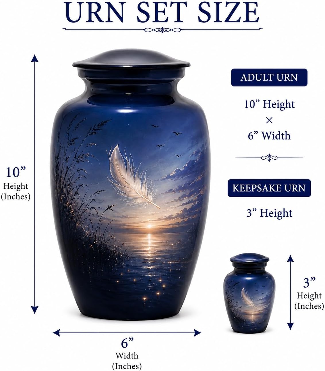 Cremation Urn Set with Feather Sunset Design, Adult Urn 10" x 6" and Keepsake Urn 3", Navy Blue