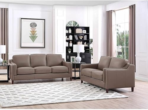 Miniatura 10 de Hydeline Bella - Juego de sofá y sofá biplaza de cuero de grano superior, coñac, plumón, espuma viscoelástica y asientos de resortes