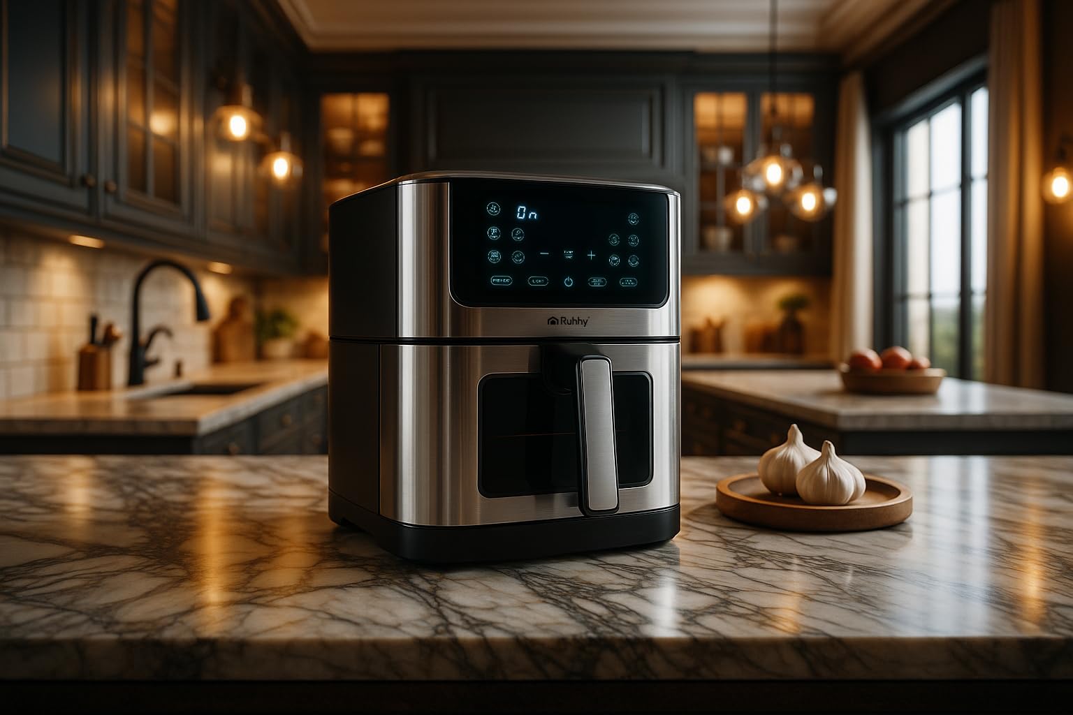 Friggitrice ad aria calda 8L XXL con rivestimento antiaderente – Frittura senza olio – Air Fryer per la famiglia, cucina sana con touchscreen e 10 programmi – RUHHY