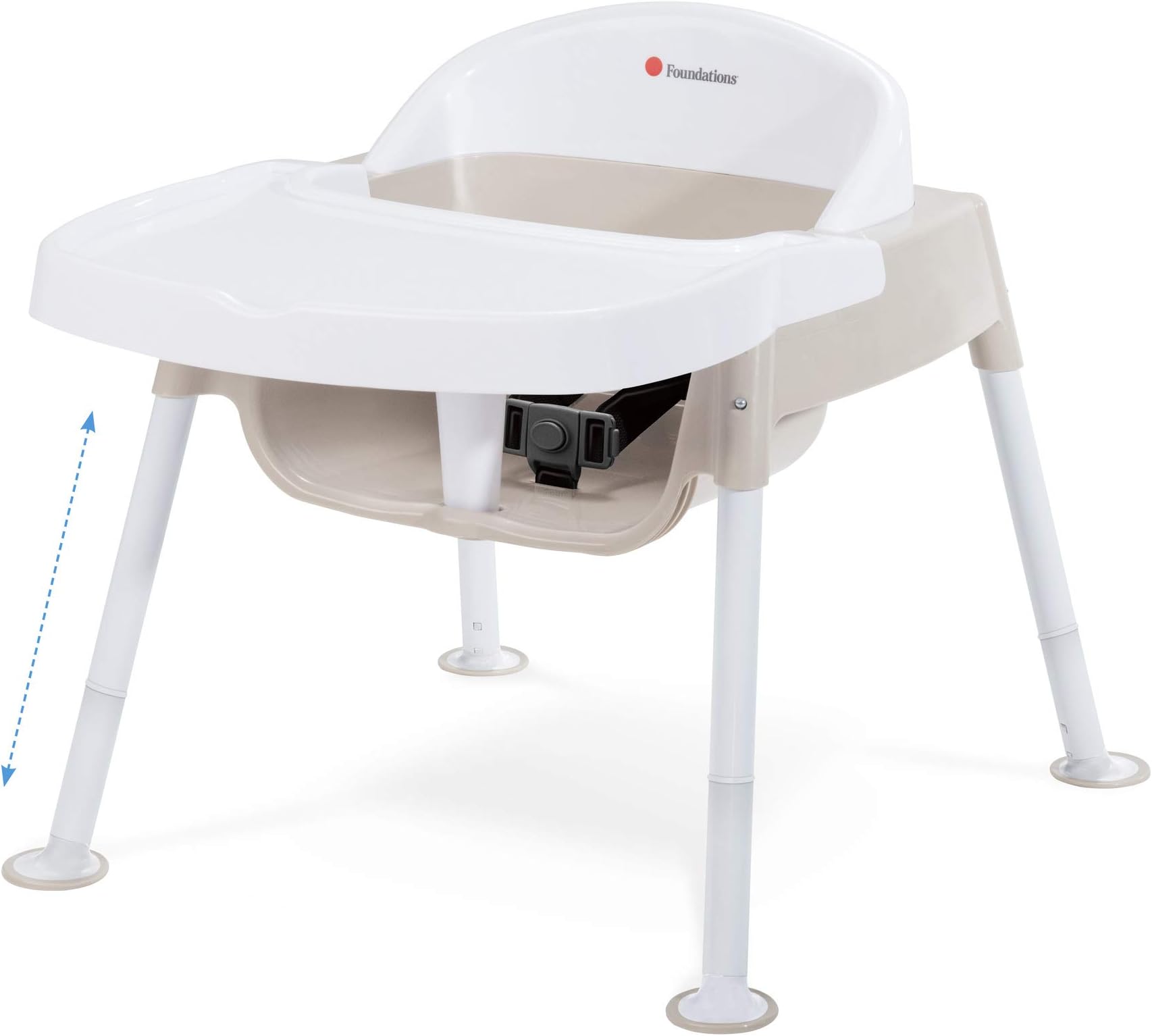 Foundations Secure Sitter 7-13" Adjustable Height Feeding Chair, 1 Pack, Stable “No Tip” Feet, 3-Point Adjustable Harness, Removable Tray, Easy to Clean, Smooth Plastic, White/Tan