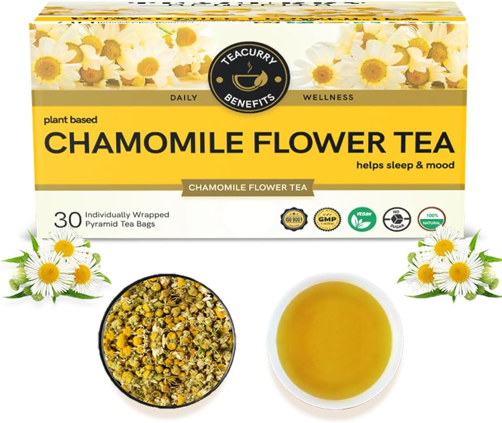 TEACURRY Chamomile Tea (30 Tea Bags, 1 Month Pack) - Pure Chamomile Flower For Sleep, Relaxation and Calmness | Caffeine Free Tea
