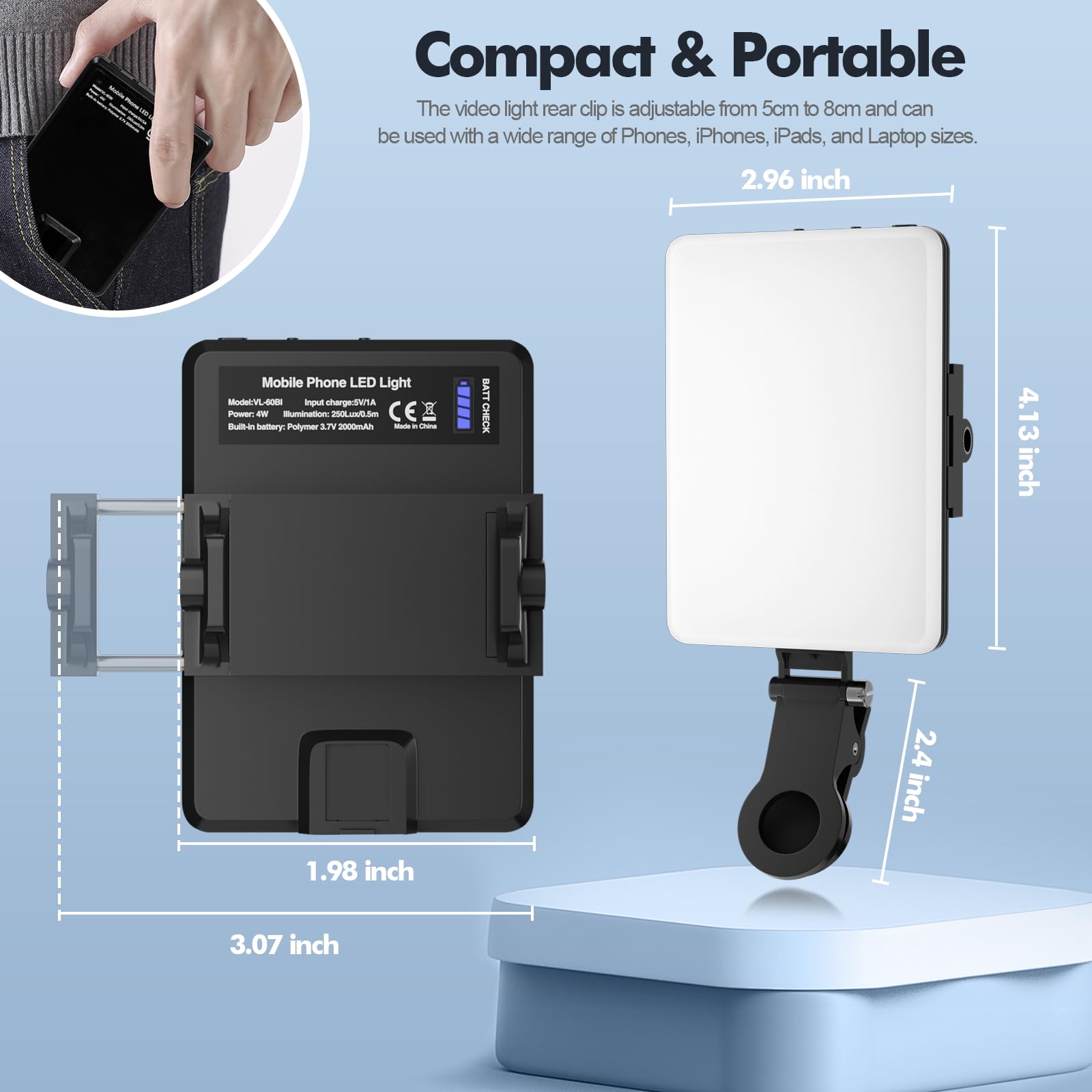 Lampe Selfie LED Portable - 60 LEDs, 3 Modes De Couleur, Batterie 2000mAh, Clip Pour Téléphone/webcam - 3