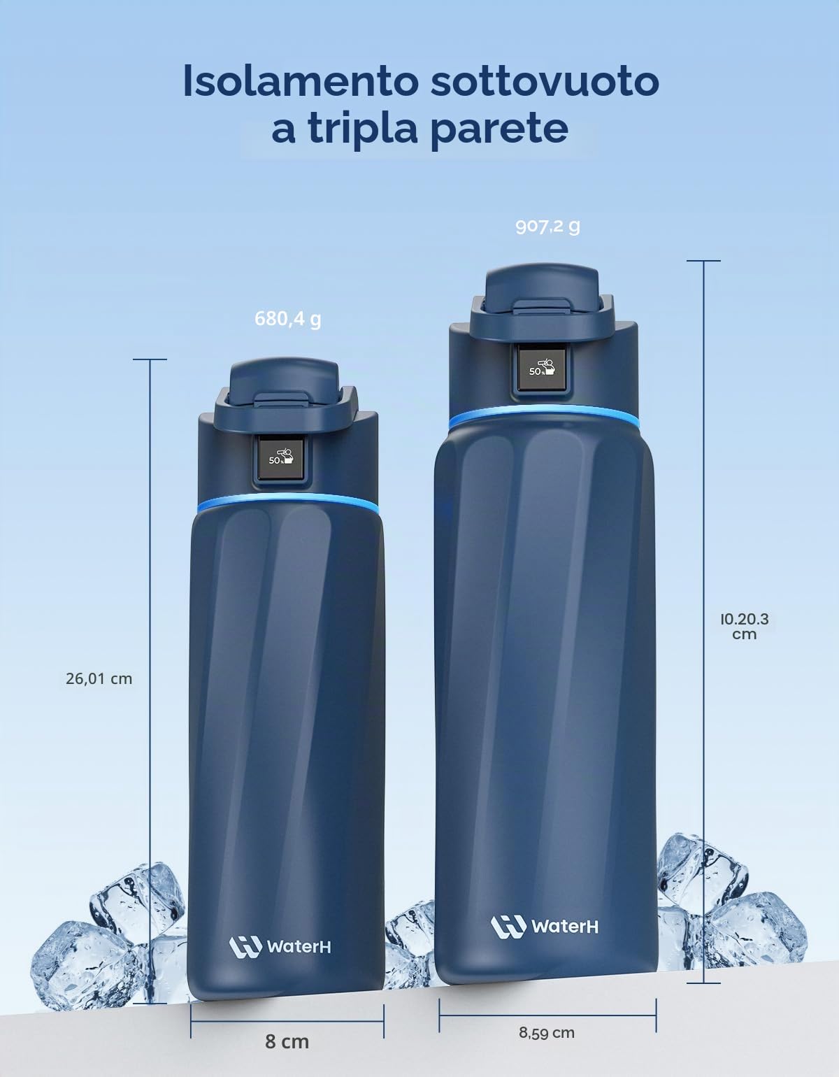 WATERH BOOST - Borraccia intelligente con promemoria idratazione e tracker, borraccia termica sottovuoto in acciaio inox, senza BPA, apertura larga, ideale per palestra, scuola, ufficio, 946 ml Blu