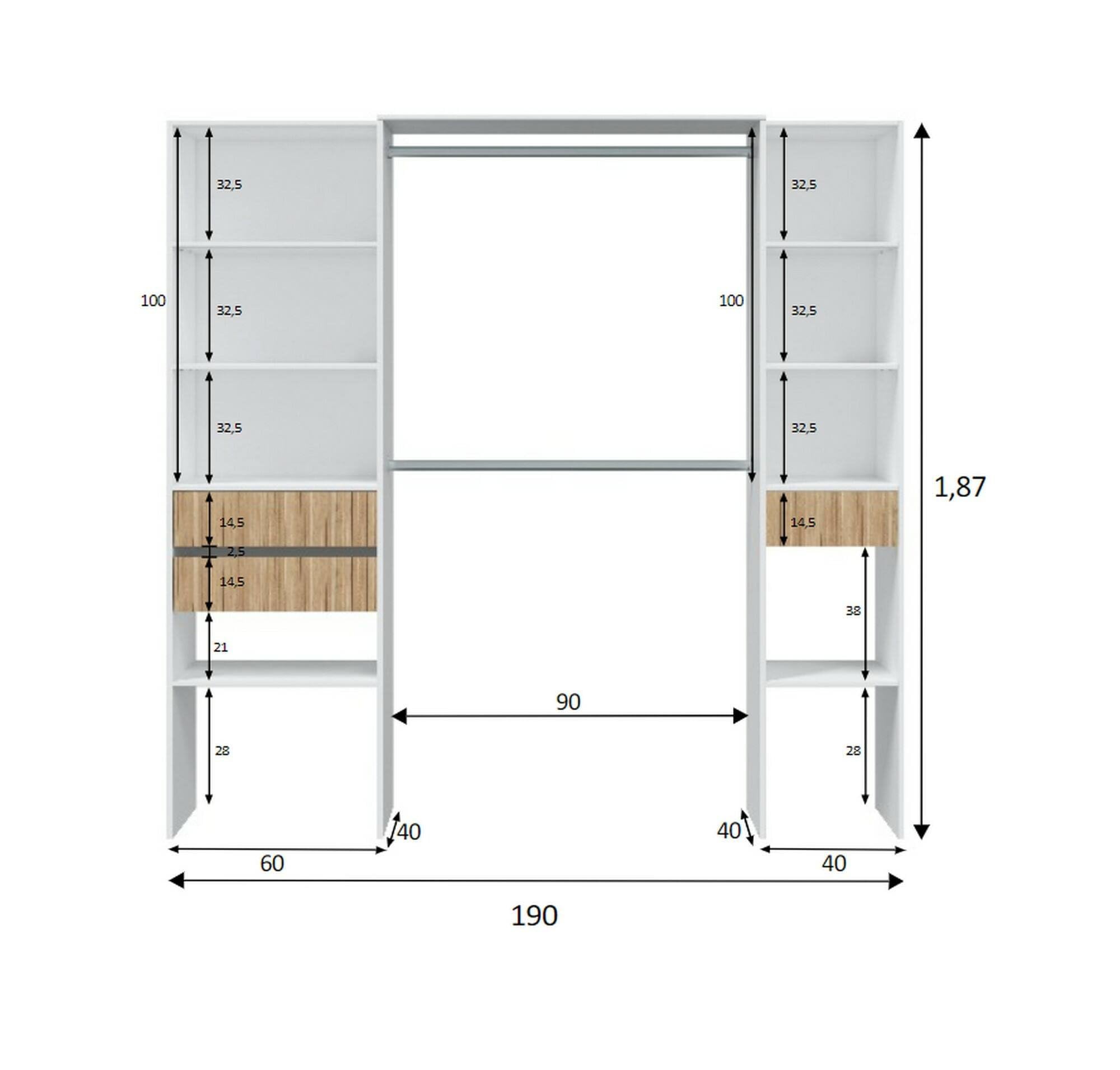 Guardaroba Grande Worland, Mobile Camera da Letto, Armadio Appendiabiti con Ripiani e 3 cassetti, 196x40h187 cm, Bianco e Rovere