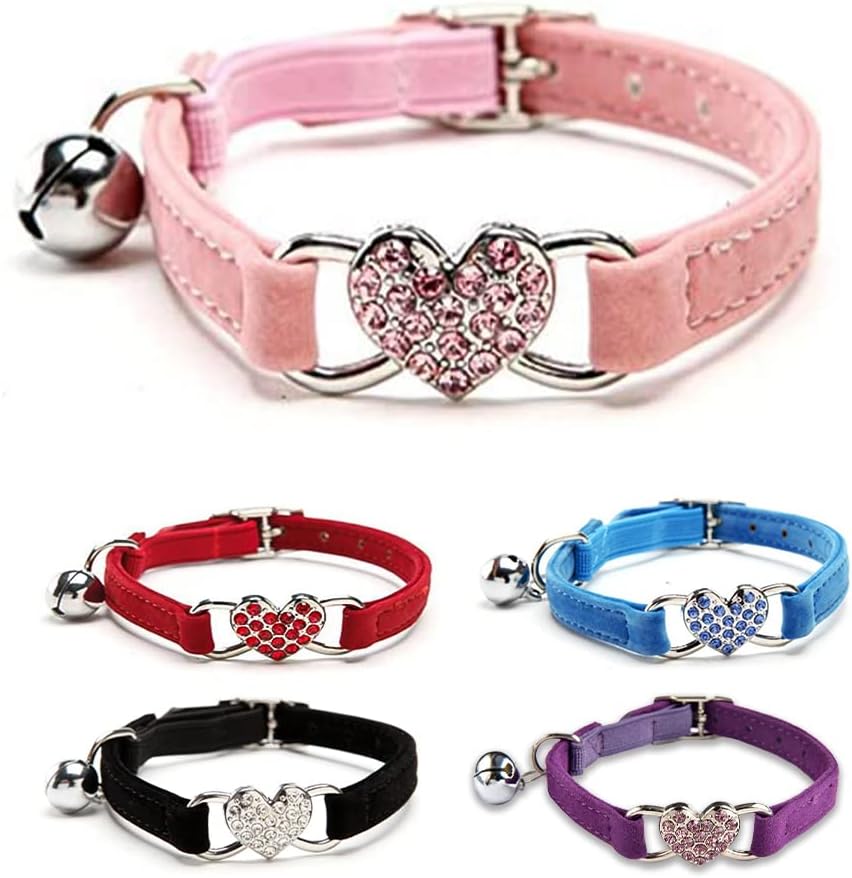 Pink Love Heart Bling Cat Collar with Safety Belt and Bell 8-11 Inches, Gift for Valentine's Day