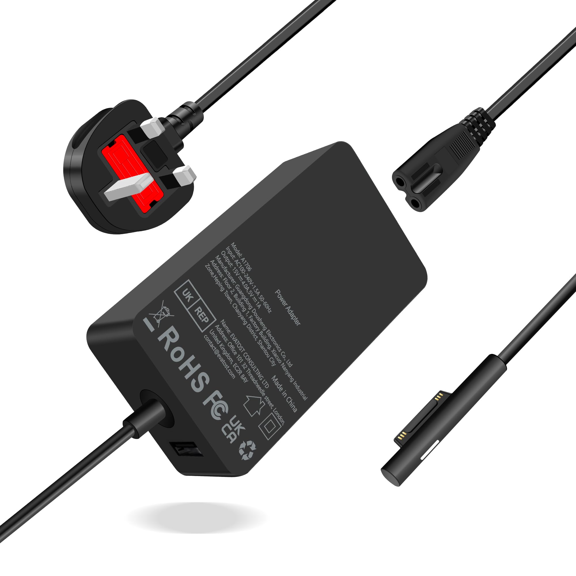 65W Surface Pro Charger for Microsoft Surface Charger 11/10/9/8/7+/7/6/5/4/3/X, Windows Surface Laptop 7/6/5/4/3/2/1/Studio, Surface Go 4/3/2, Surface Book 3/2/1, Model 1706 with USB Port