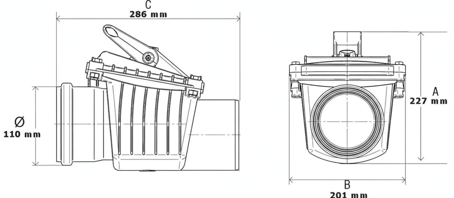 Rückstauklappe Ø DN110 Mit Abschließbarer Klappe, Rückstauverschluss Ø DN 110 Mit Rückstauklappe, Rückstauklappe, Rattenschutz für HT - KG Rohre (DN110 - Eine Klappe)
