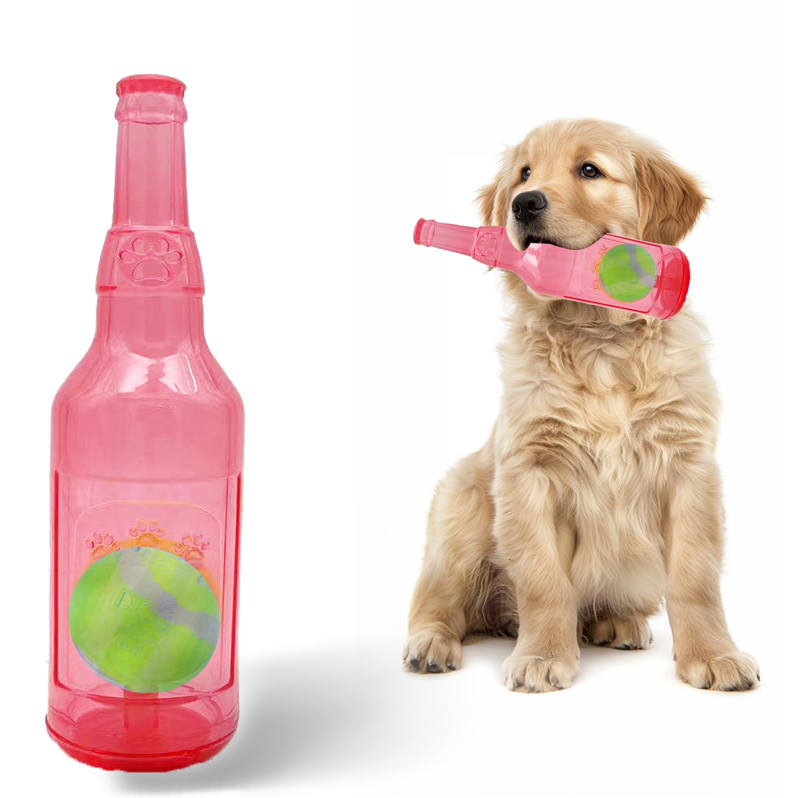 Generic Squeaky Chew Toy for Dogs TPR Bottle with Tennis Ball Inside Pink Large