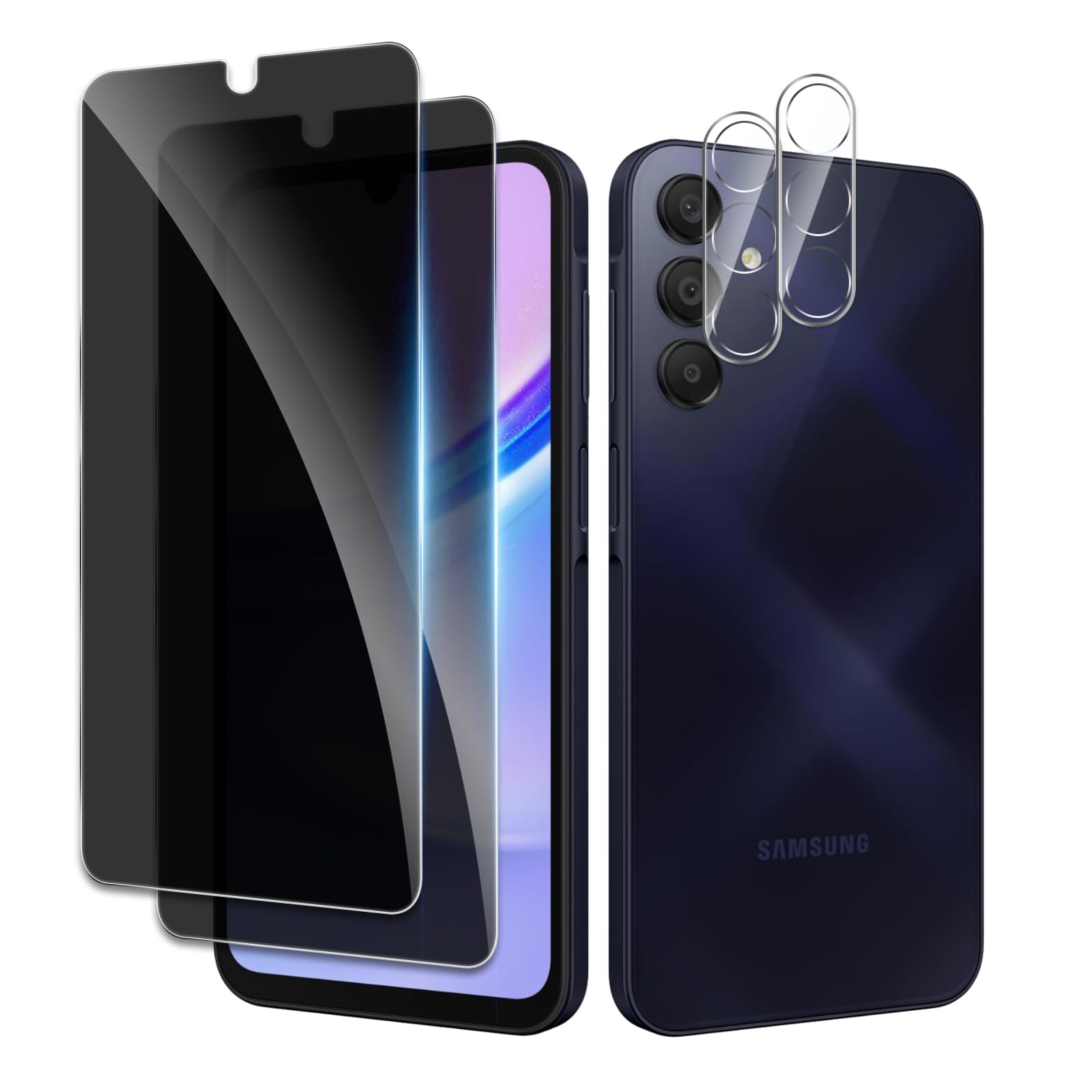 [Confezione da 2 + 2] Pellicola proteggi schermo per Samsung Galaxy A15 5G, in vetro temperato infrangibile, anti-spia, con obiettivo della fotocamera, durezza 9H, senza bolle, antiriflesso