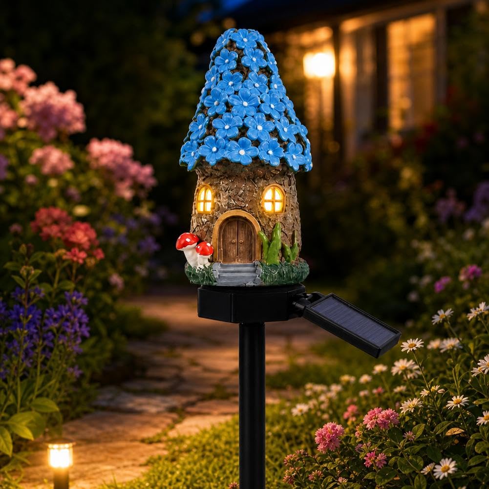 Solar Fairy-Tale Mushroom Cottage Garden Light,Waterproof LED Outdoor Mushroom House Statue Decor Lamp,Resin MushroomCottage Figurine Auto On/Off Landscape Pathway Light for Yard Patio Lawn Flower