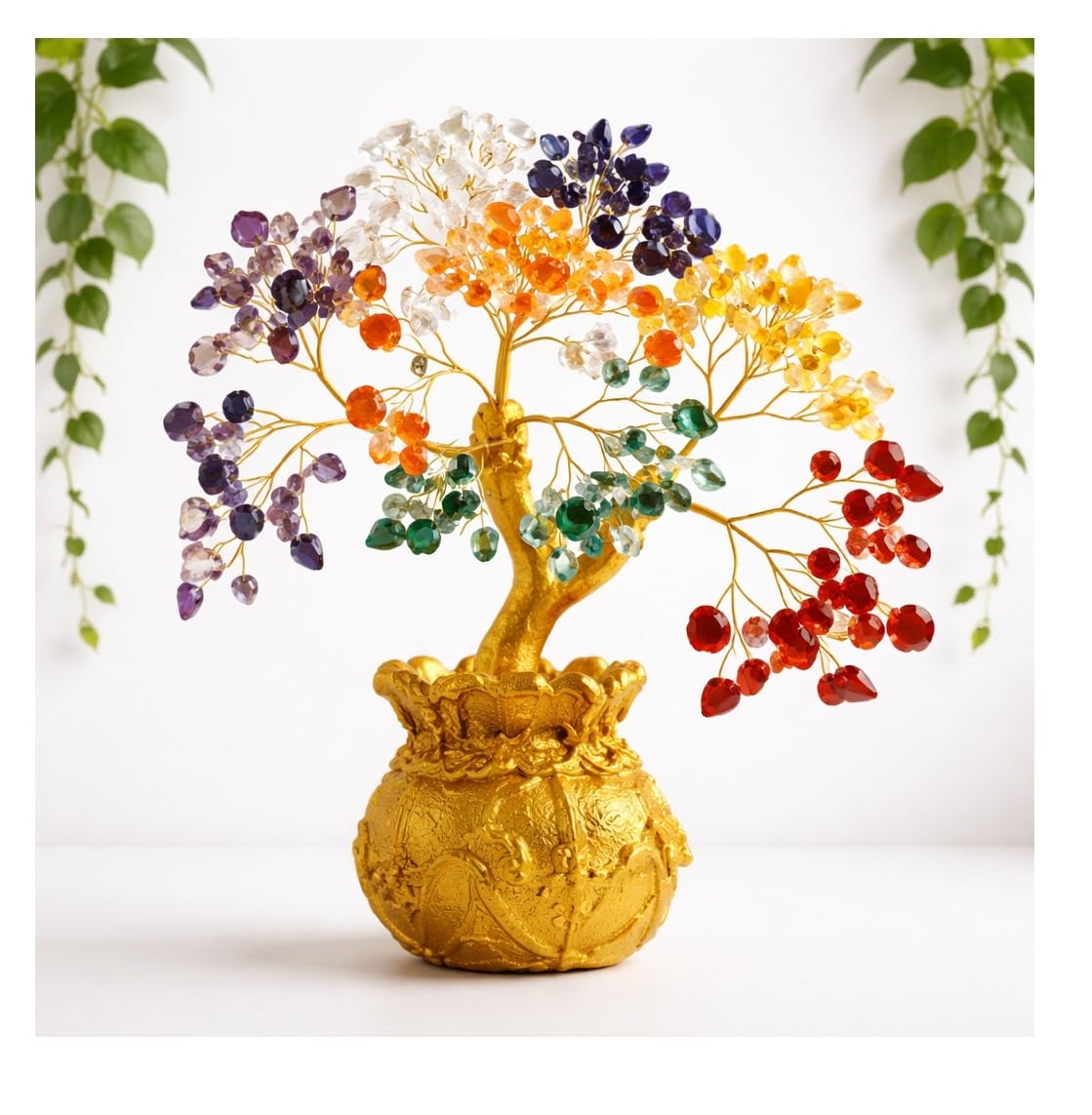 SPHINX Chakra Crystal Money Tree Bonsai with Golden Potli (Wealth Bag) Base – Healing Gemstone Tree for Wealth, Prosperity & Positive Energy – Feng Shui Good Luck Decor & Gift (7x3 Inch)- (7 Chakra)
