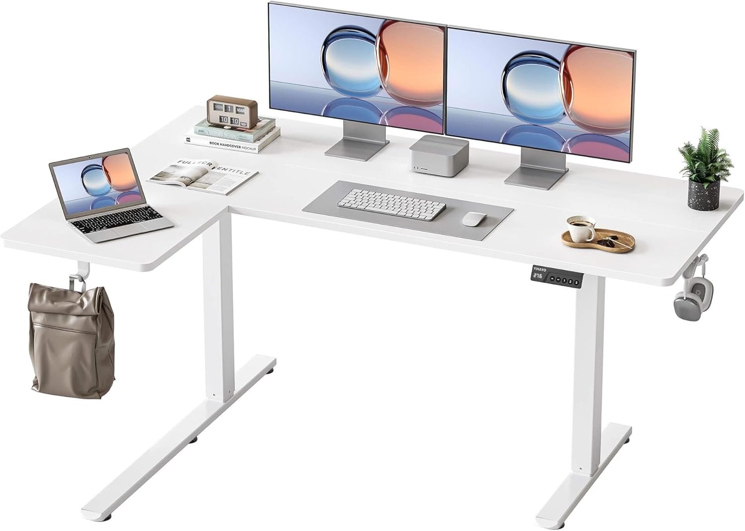 YIHAYO Reversiable L-Shaped Electric Standing Desk, 59 Inches Stand Up Corner Desk, Sit and Stand Up for Work Office Home, Ergonomic Rising Computer Table with Splice Board, Rustic Brown