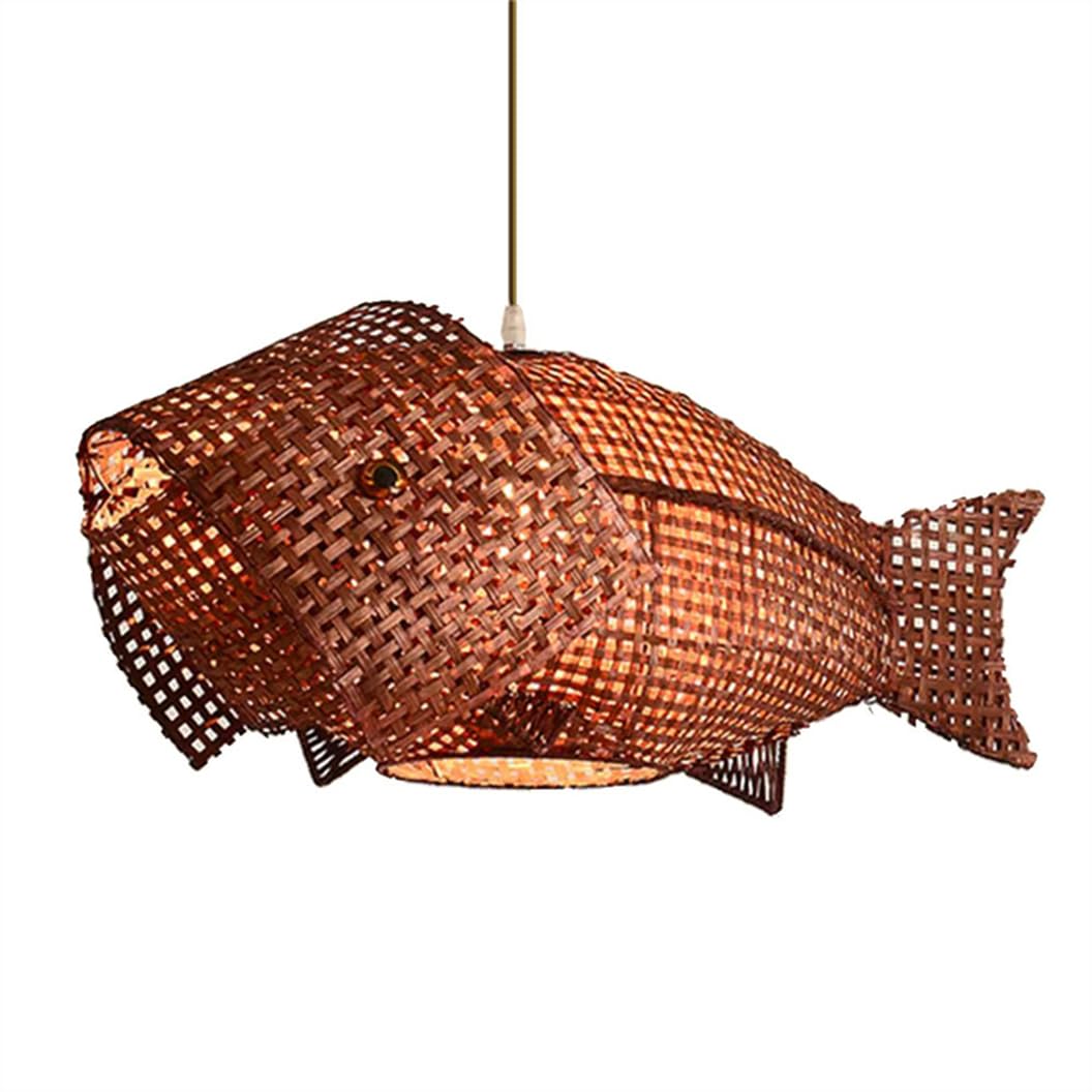 SHUANGZ Red Bamboo Cage Chandelier 19.7" Fish Shape Wicker Lamp Shade 1-Tier Rustic Farmhouse Dome Light Fixture for Teahouse Bamboo Lighting Fixture for Bedroom, Kitchen Island, Hallway, Foyer