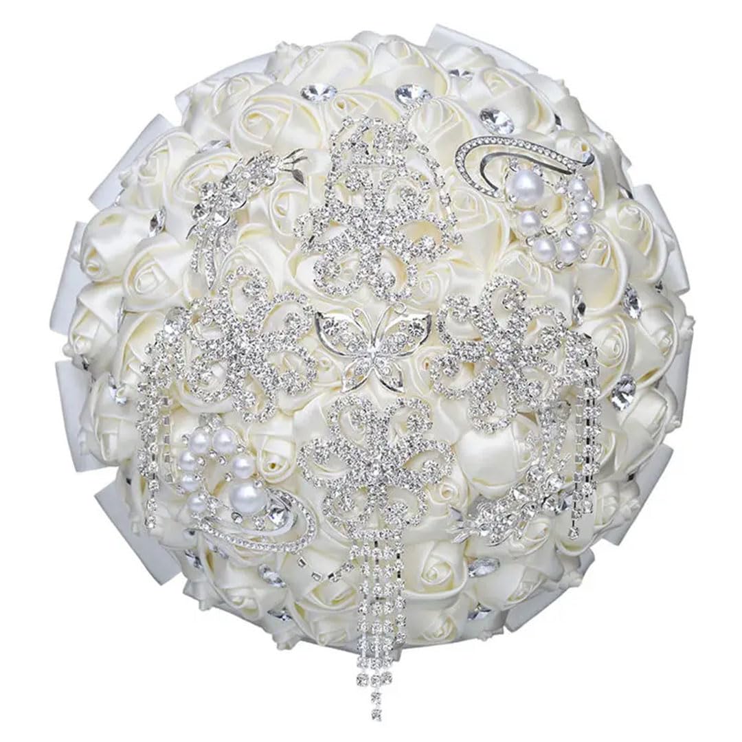 HJRegaFimu Rhinestones Holding Flowers Wedding Bridal Bouquets Ivory Ribbon Brooch Bouquet Diamond Diameter 15cm