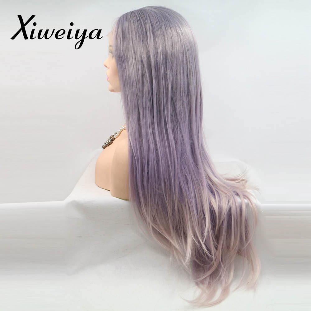 Xiweiya Mix Color Straight Ombre Gray Purple to Pink Wig Mermaid Synthetic Lace Front Wigs Straight Middle Part Long Straight Long Soft Wig Heat Resistant Fiber Hair Replacement Wig for Women 24 Inch - Image 3