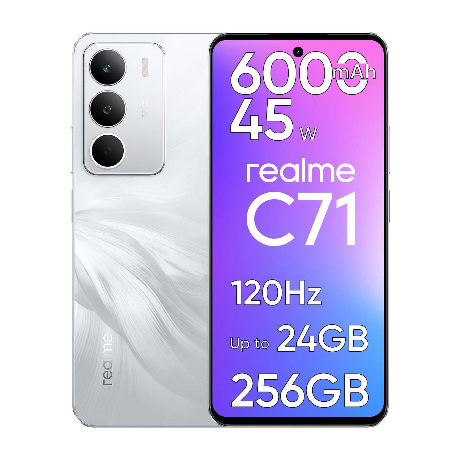 realme C71 Smartphone 8GB RAM + 256GB ROM, Telefono Cellulare Sbloccato con Batteria 6000mAh e Ricarica Rapida 45W, 120Hz Display Cellulari Android Dual SIM con Impronta Digitale Laterale, NFC, Bianco