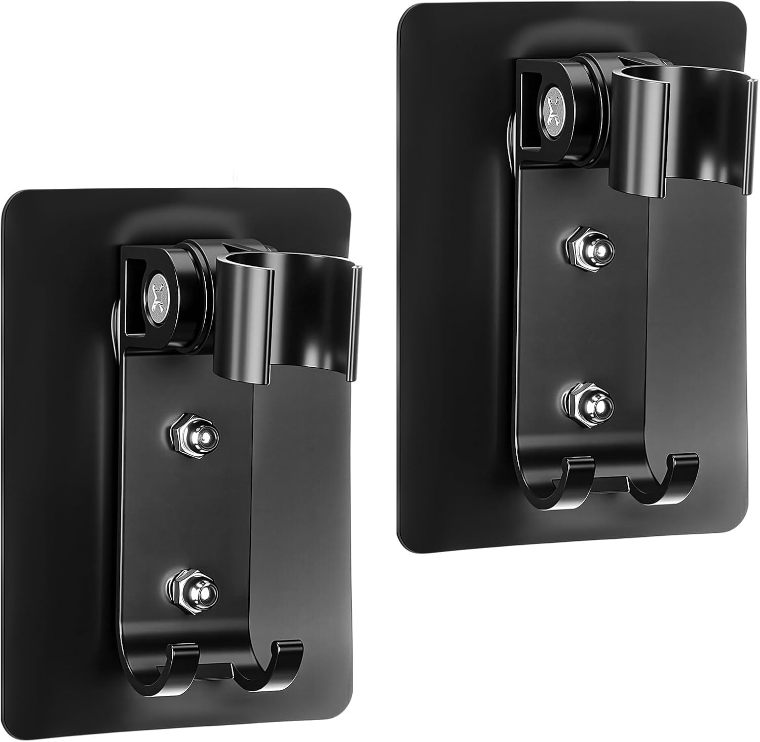 CHENGU 2 Pack Shower Head Holder Strong Adhesive Shower Head Wall Mounting Bracket Adjustable Wand Holder with 2 Hanger Hooks No Drill Need (Black)