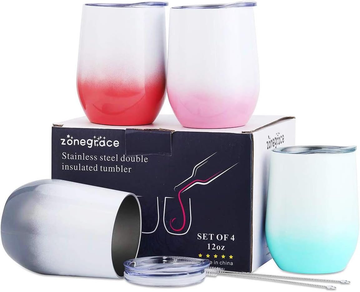Flash Deals - 80% OFF Zonegrace 4 pack 12 oz Stainless Steel Stemless Wine Glass Tumbler Double Wall Vacuum Insulated Wine Tumbler different color with Lids Set of 4 for Coffee, Wine, Cocktails, Ice Cream