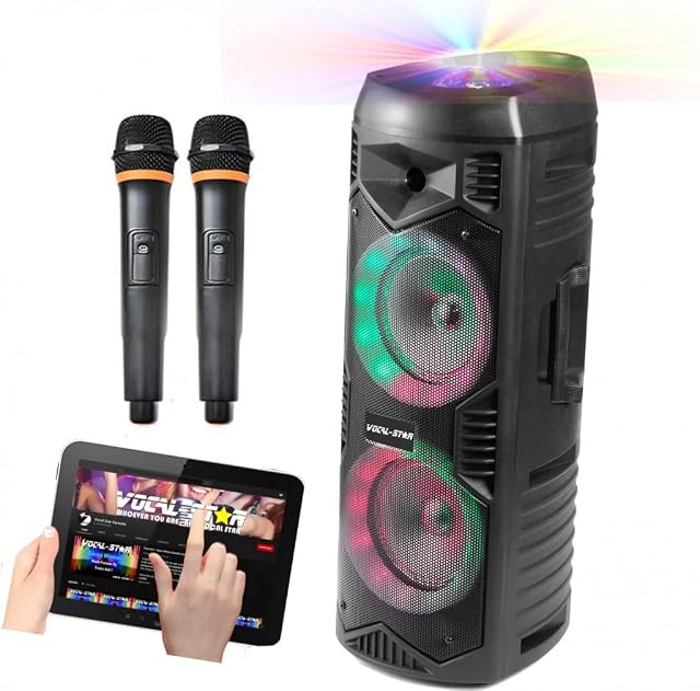 Vocal-Star Portable PA Party Speaker, Bluetooth, Disco Ball & LED Light Effects, 2 Wireless Microphones,200w Speaker, 2x 6.5" Woofers, AUX, USB, MP3, TWS. VS-T200