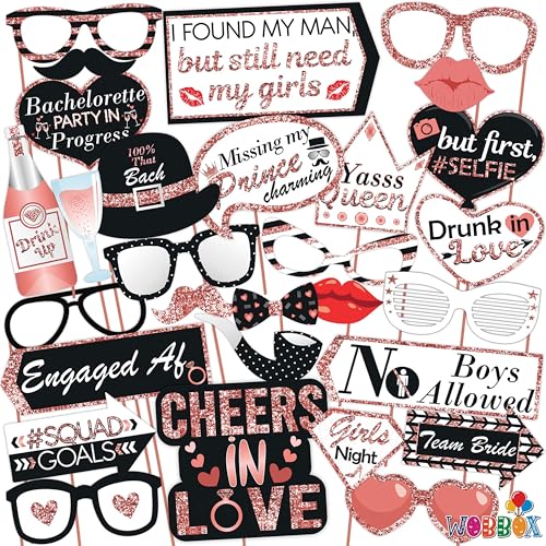 Image of WOBBOX Bachelorette Party Photo Booth Props for Bride & Groom, Bridal Shower Props, Bachelorette Party Decoration, Bride to be Party Decorations Items- Black & Rose Gold