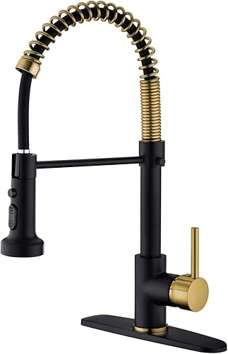 Grifo de fregadero de cocina, grifo de cocina de latón macizo con rociador desplegable de 3 funciones, grifo de cocina negro y dorado