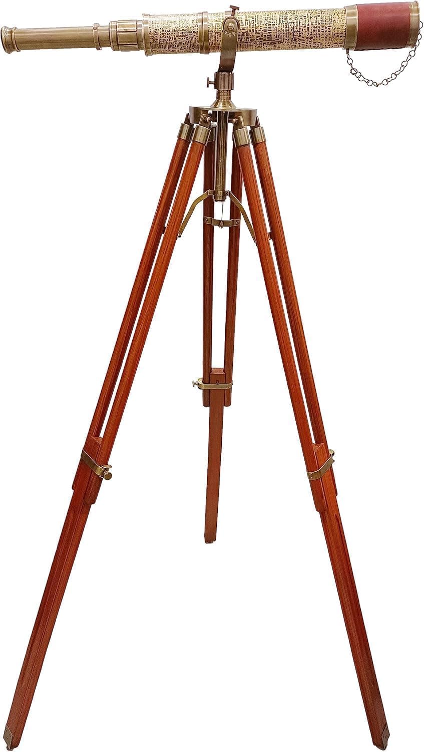 Nautical Antique Brass Telescope with Arc Design Adjustable Brown Wooden Tripod Floor Standing Maritime Vintage Collectible