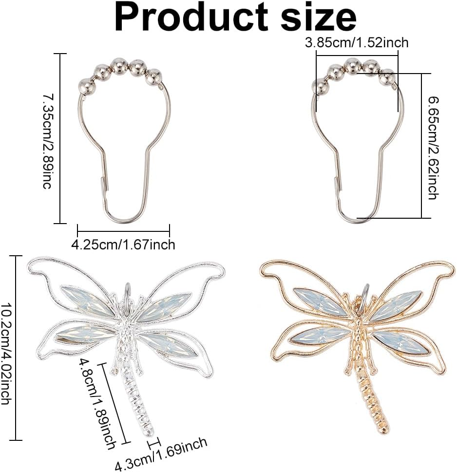 12 Pcs Dragonfly Shower Curtain Hooks，2 Colors Iron Shower Curtain Rings with Alloy Dragonfly Pendants Decorative Hooks for Bathroom Shower Curtain Rod