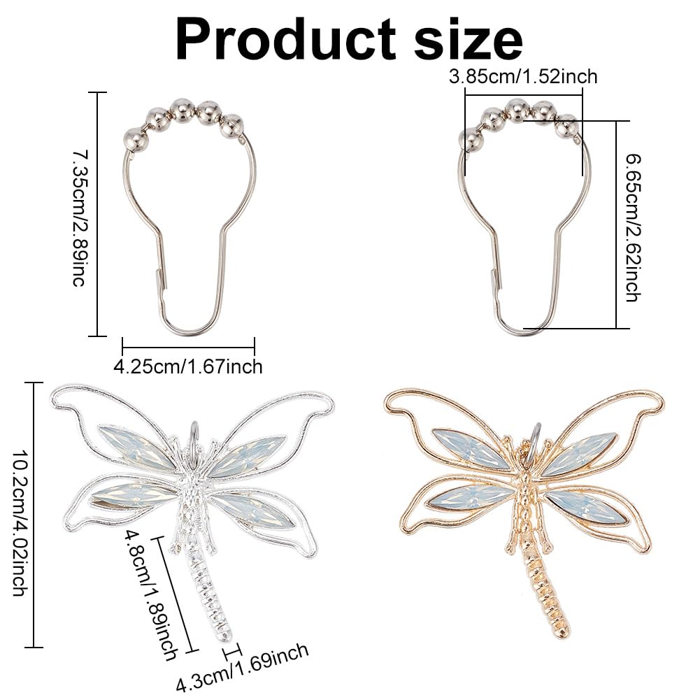 GOMAKERER 12 Pcs Dragonfly Shower Curtain Hooks?2 Colors Iron Shower Curtain Rings with Alloy Dragonfly Pendants Decorative Hooks for Bathroom Shower Curtain Rod