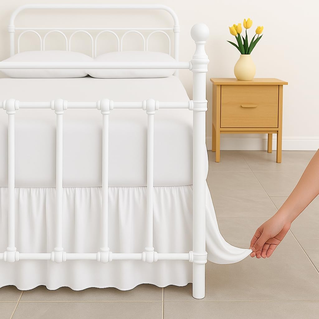 Ruffled Bed Skirt Queen Size - Dust Ruffle with Split Corners - Queen, White, 15 Inch Drop Dust Ruffle with Platform - 100% Microfiber Hotel Quality Ruffle Bed Skirt (White, Queen-15 Drop)