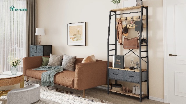 Appendiabiti Con Contenitore Per Scarpe YITAHOME - Panca, 2 Cassetti, 8 Ganci - Stile Industriale, Marrone - Foto 2