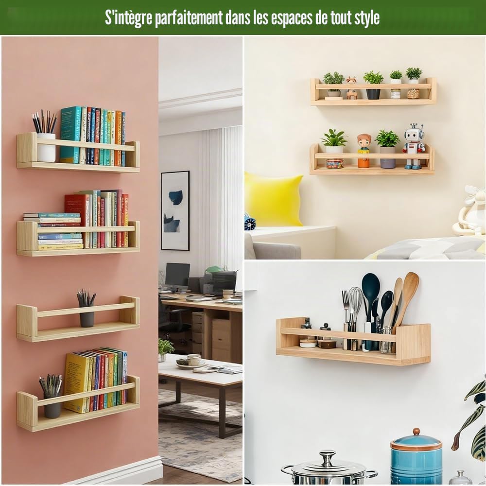 HEKOBAG Lot de 4 Étagères Murales Flottantes en Bois, 41cm Étagère Livres Flottante, Étagère à Livres pour Enfants, Bibliothèque Murale Flottante pour Chambre à Coucher, Salon, Salle de Bain
