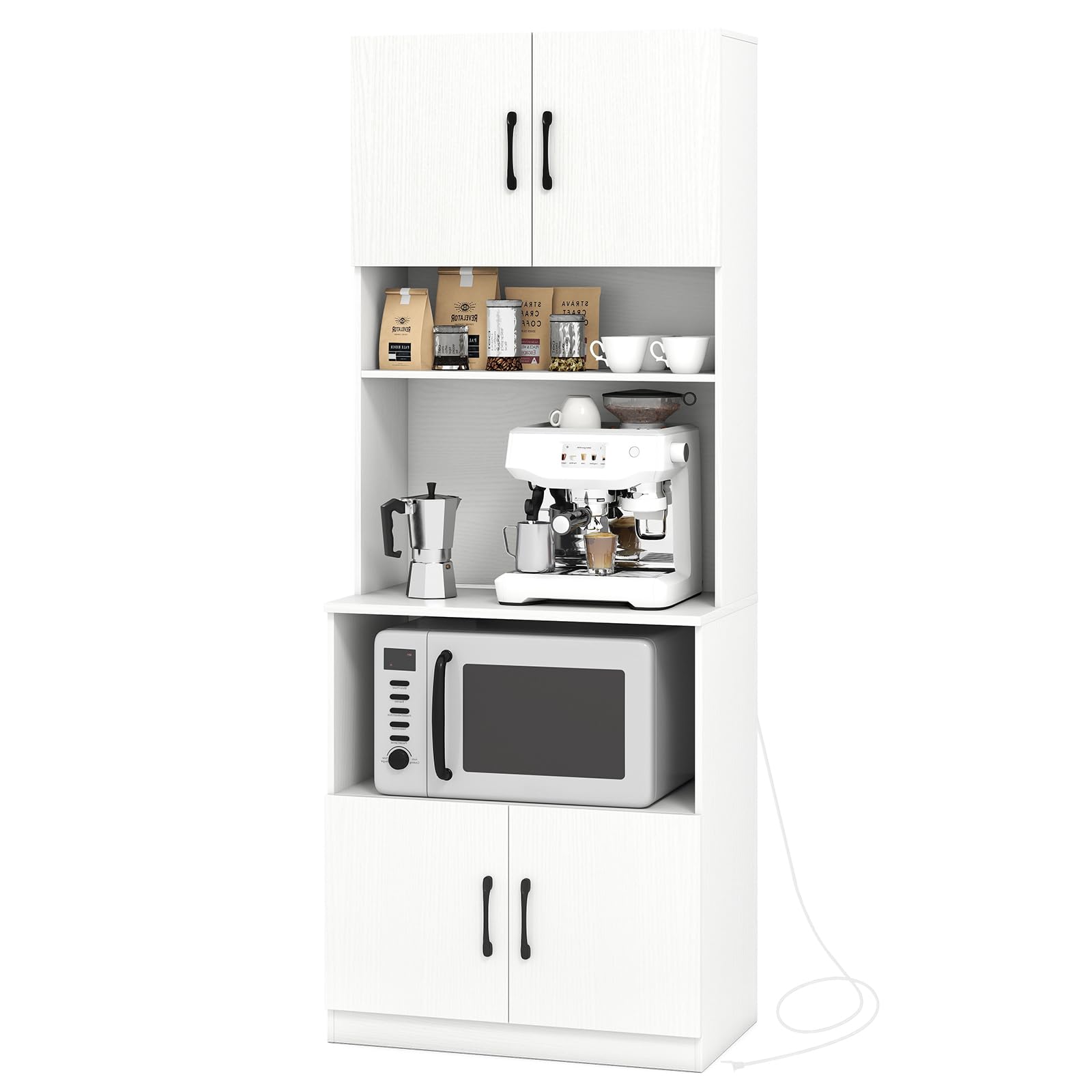 KOMFOTTEU Aparador de Cocina con Estación de Carga, Armario Buffet con 4 Puertas, 2 Estantes Ajustables, Mueble de Almacenamiento con Encimera para Microondas, 64,5 x 38 x 168 cm, Blanco