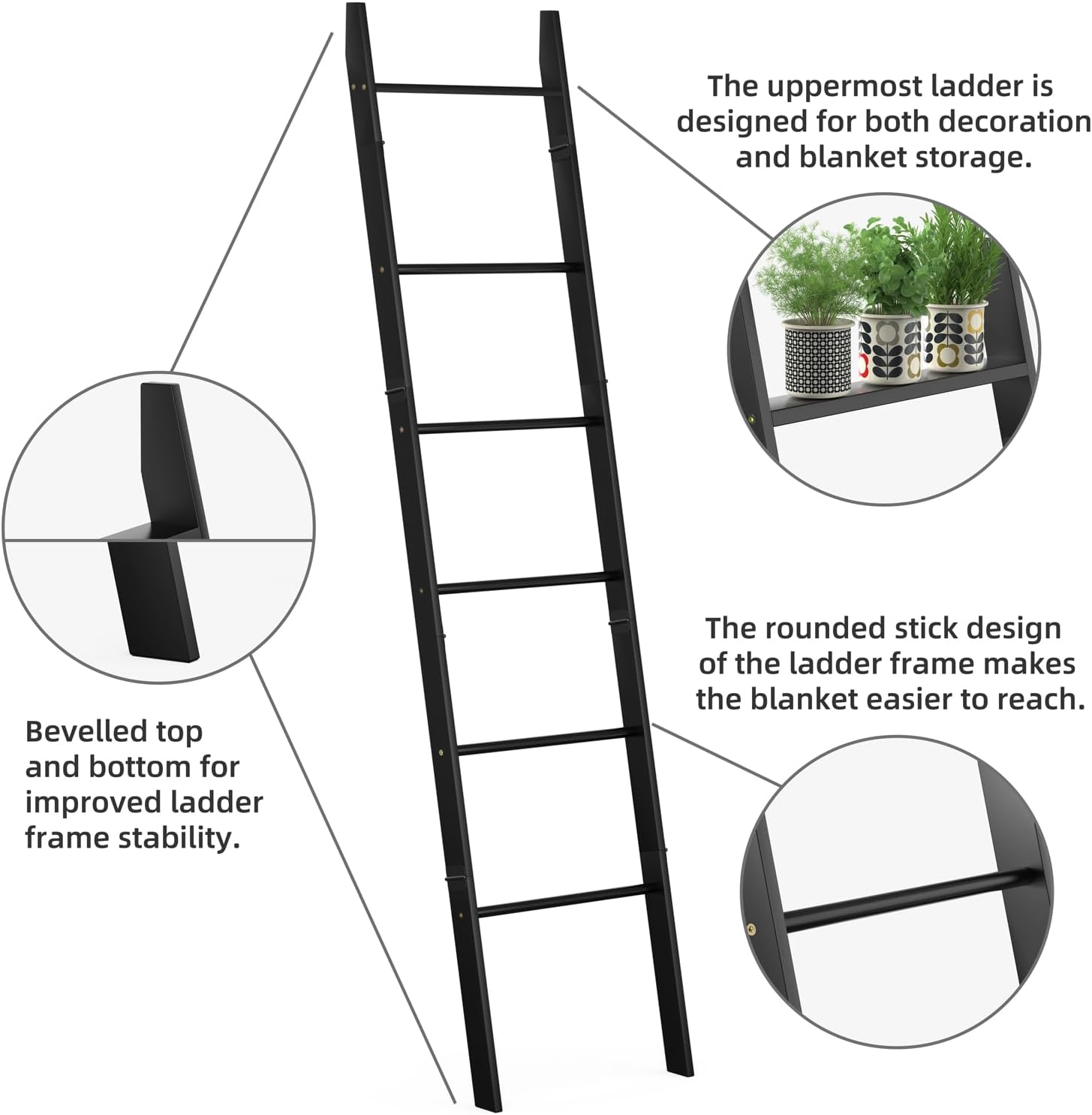 BAMBANG 6-Tier Blanket Ladder for Living Room, Blanket Quilt Ladder Rack Rustic Decorative Towel Holder, Wall Leaning Blanket Ladder Shelf Storage Farmhouse Decor for Bedroom Bathroom, Black
