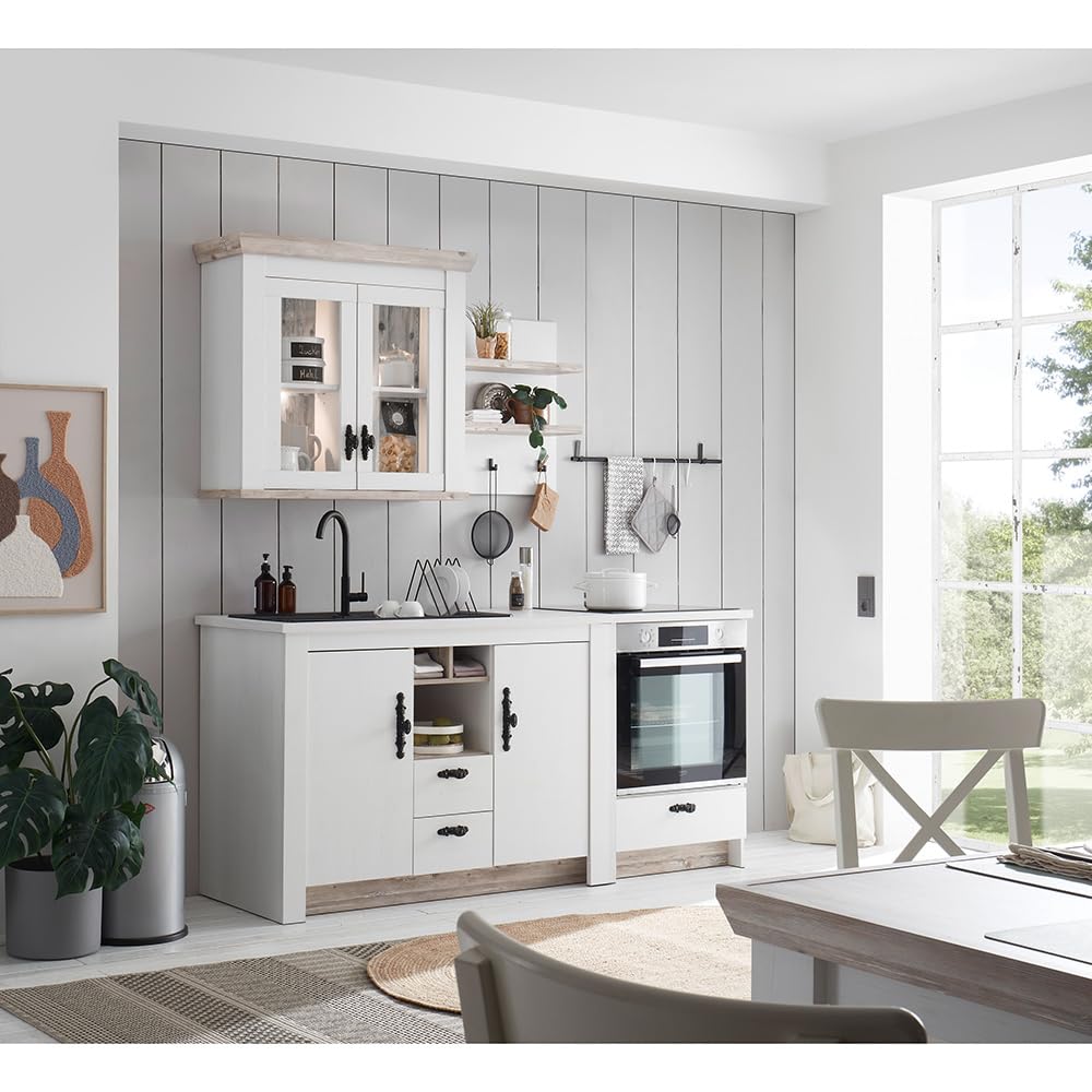 Lomadox Küchen Set 4-teilig in Pinie weiß Nb. mit Absetzungen in Pinie dunkel Nb., im Landhaus Stil Softclose-Funktion Spülenschrank Wandregal Hängeschrank