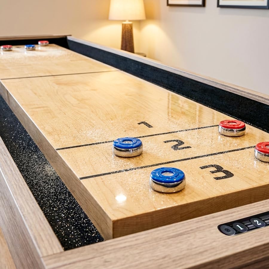 PINPOINT Zestaw gier stołowych 2 w 1 Shuffleboard – pełnowymiarowa tablica do shuffleboardu o długości 2,7 m, z konwersją stołu do jadalni, krążków, wosku i pędzla w zestawie – wysokiej jakości stół