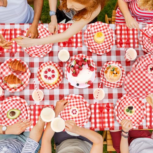 Image of Funnymoom 452 Pcs Red Gingham Party Supplies for 50, Red and White Gingham Checkered Paper Plates Napkins Cups Tablecloth Cutlery Straws for Birthday Family Picnic Camping Barbecue Party Decoration