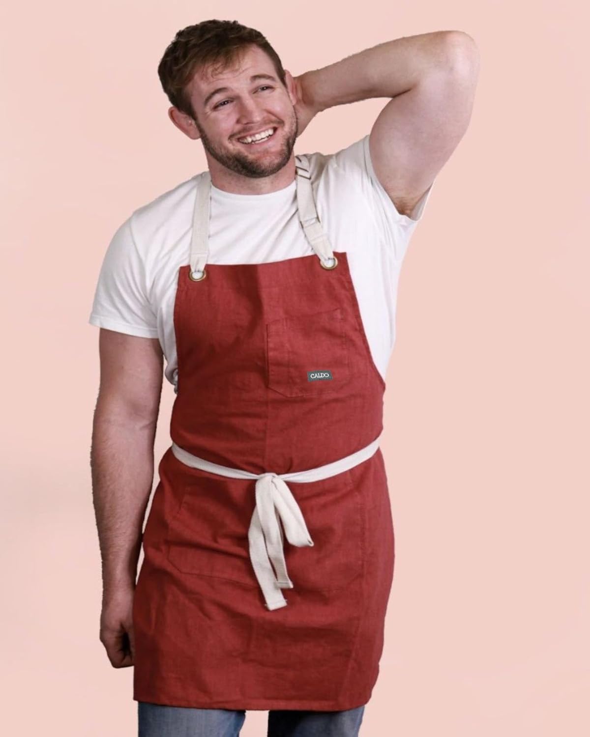 Caldo Linen Kitchen Apron for Cooking - Mens and Womens Linen Bib Apron (Burgundy) - Image 3