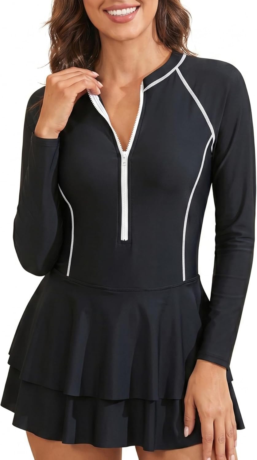 Daci Women Long Sleeve One Piece Rash Guard Modest Swimsuits Dress Zipper Bathing Suit Skirt with Short UPF 50+