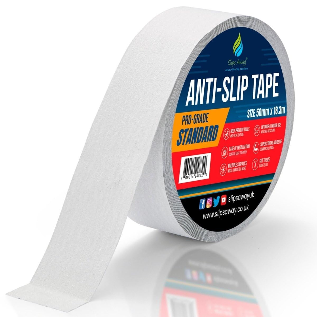 SlipsAway Anti-Slip Tape Roll - Strong Adhesive Grip Tape for Stairs Tread, Ramp & Deck - 50mm x 18.3m Waterproof Non-Skid Tape for Indoor/Outdoor Use - Made in the UK - White