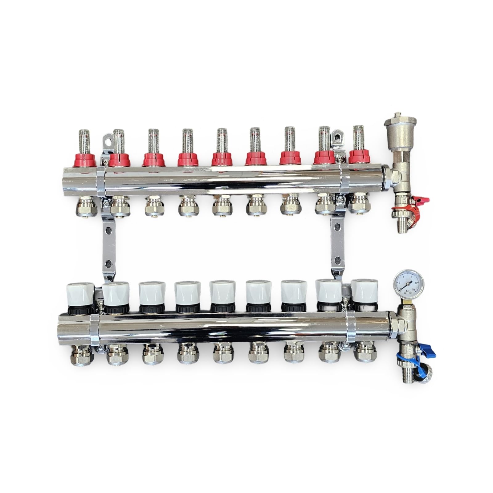 9 Port Complete Underfloor Heating Manifold with Pipe Connections, Automatic Air Vent & Pressure Gauge (16mm eurocones)