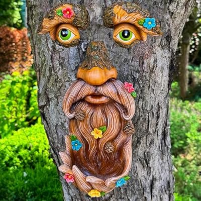 Mood Lab Tree Face Decor - Outdoor Bird Feeder - Old Man Face Decoration with Flowers - Tree Garden Hugger - Yard Art Statues