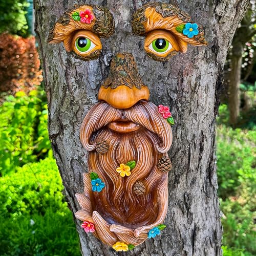Mood Lab Tree Face Decor with Flowers - Outdoor Old Man Face Decoration - Tree Garden Hugger - Yard Art Statue