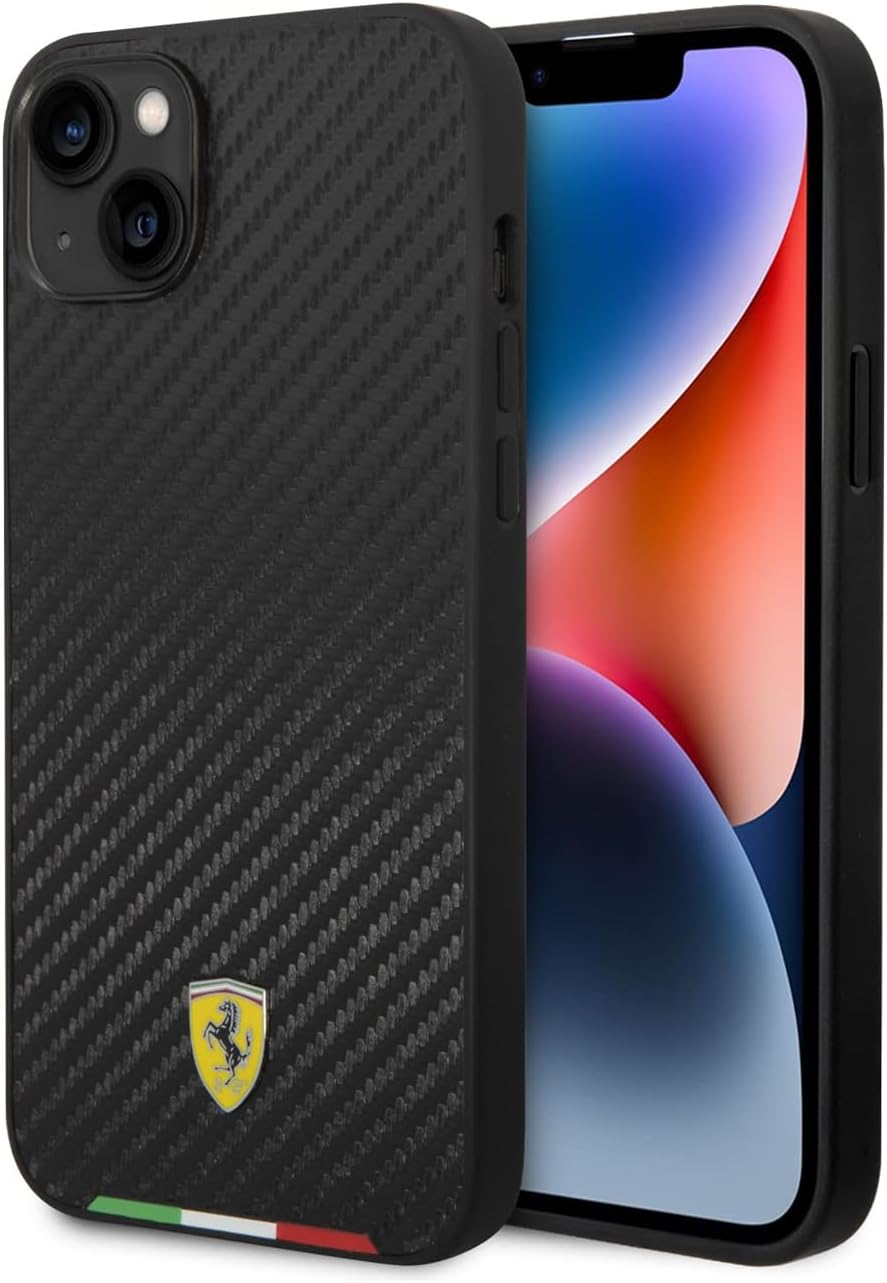 CG MOBILE Ferrari Compatible with iPhone 14 Case [Official Licensed] Italian Flag Line Metal Logo & Mag-Safe Compatible | PU Carbon Effect Protective Case/Cover Designed for iPhone 14 (6.1-Inch)