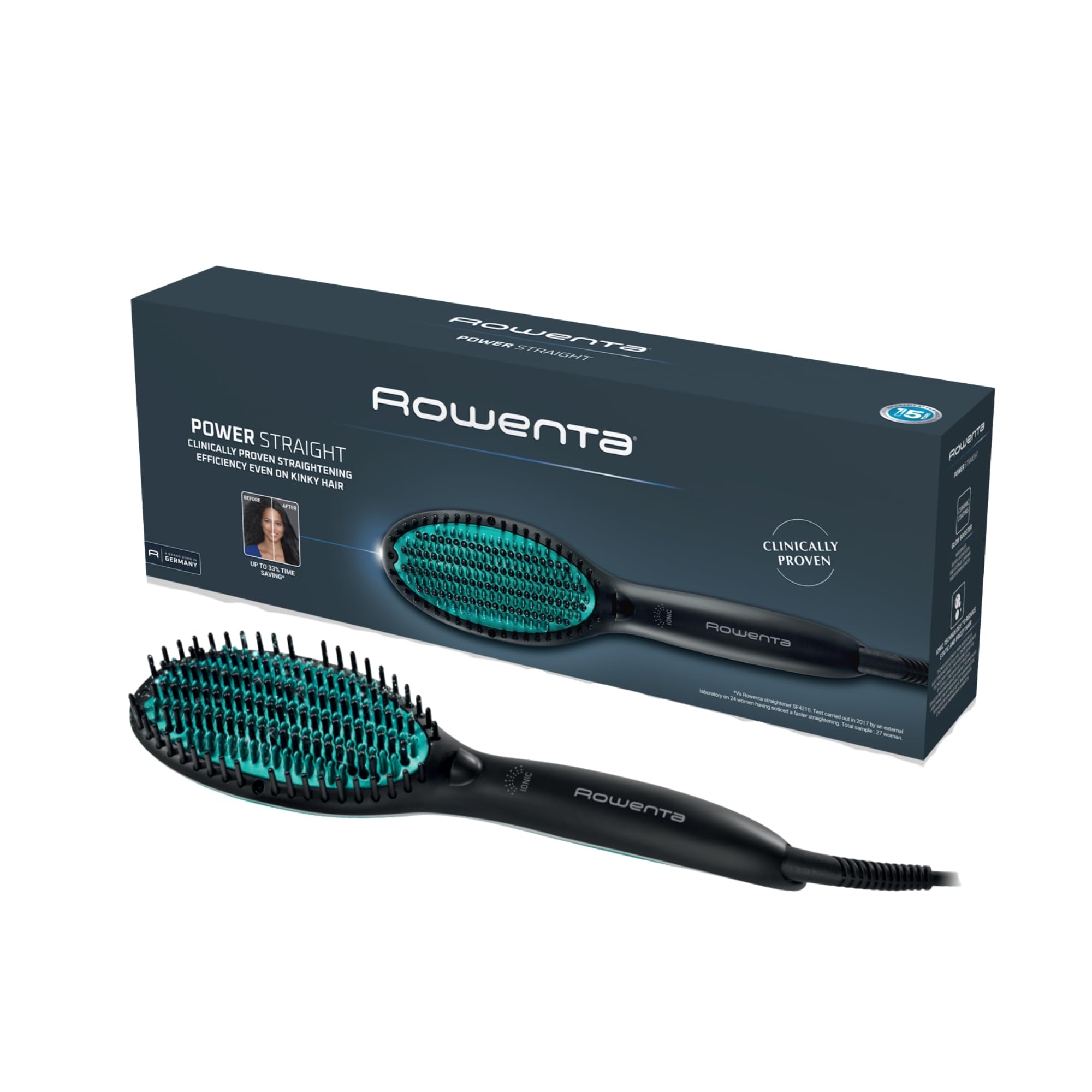 Rowenta Power Straight, Cepillo alisador, Especial para cabello muy rizado y rebelde, con generador de iones y temperatura regulable hasta 200º, púas de gran sujeción desde la raíz, CF5820F0