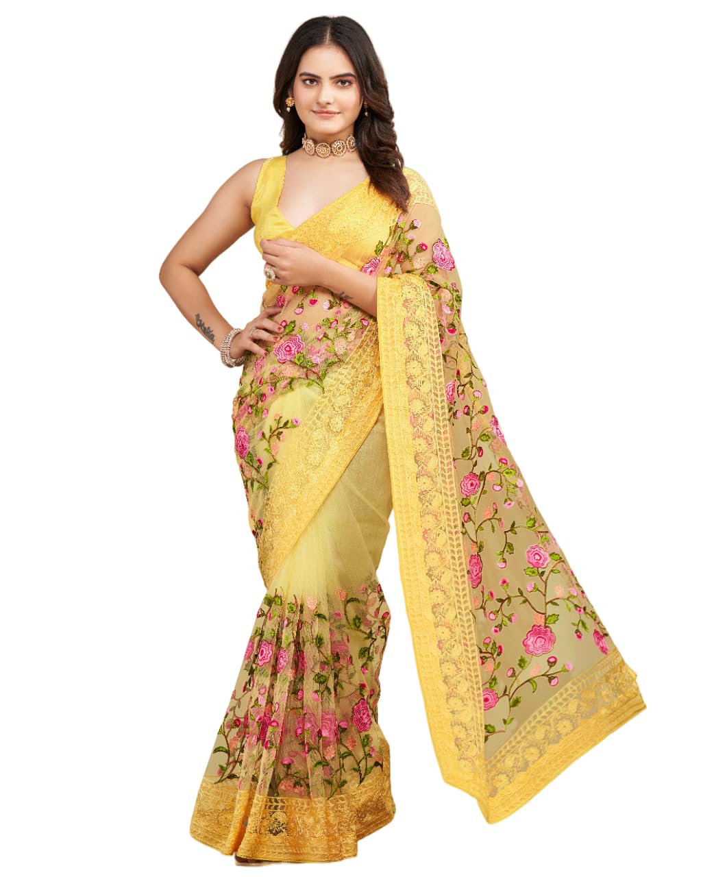 VAIRAGEEWomen's Beautiful Soft Net Embroidery Saree With Unstitched Blouse 6079