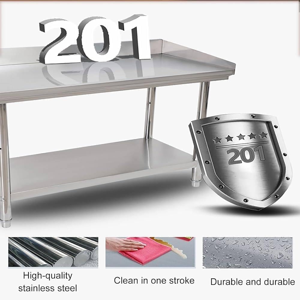 Mesa de preparación comercial resistente con protector contra salpicaduras y estante inferior, estación de trabajo de acero inoxidable para cocina, restaurante, catering